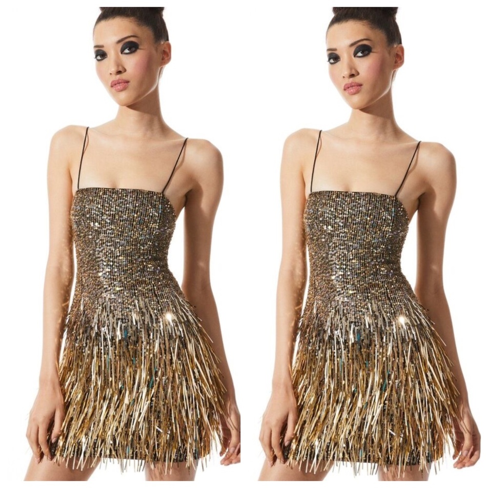 Alice + Olivia FIFI Gold Black Ombre Fringe Mini Dress EUC - Size 2
